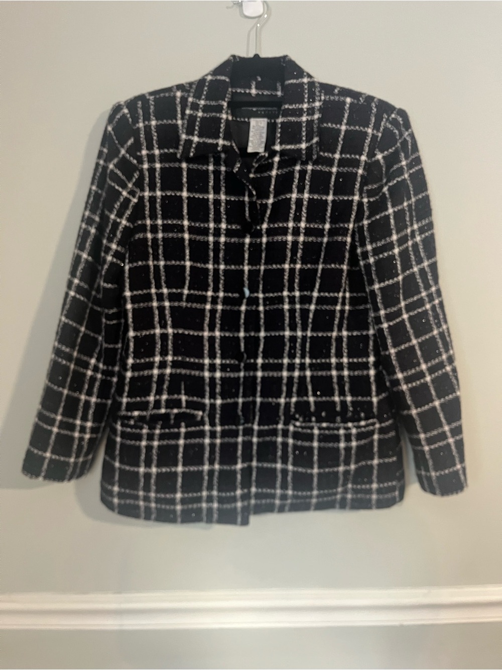 Sag Harbor Vintage Black White Metallic Grid Plaid Boucle Tweed Jacket Blazer